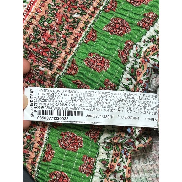 Zara Smocked Crop Top Floral Print Linen Square Neck 3/4 Sleeve Blouse M - Picture 5 of 6